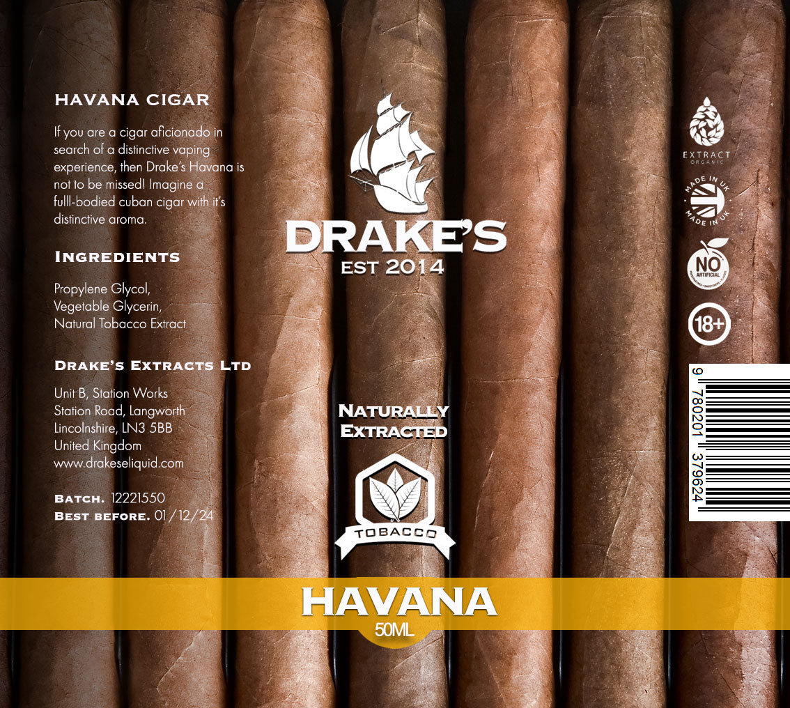 Havana Cigar 50ml Shortfill E-liquid by Drake's