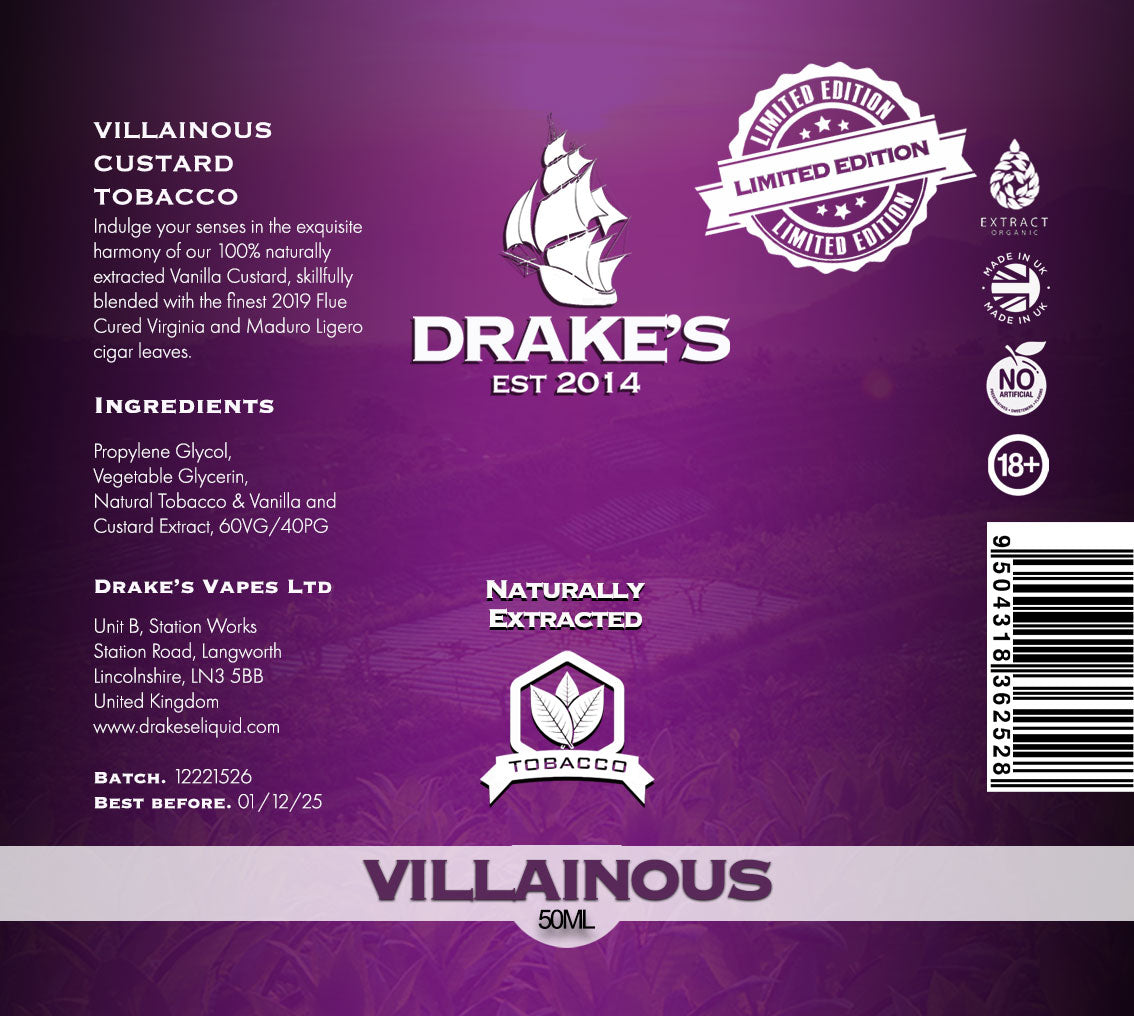 Villainous Custard Tobacco 50ml Shortfill by Drake's 