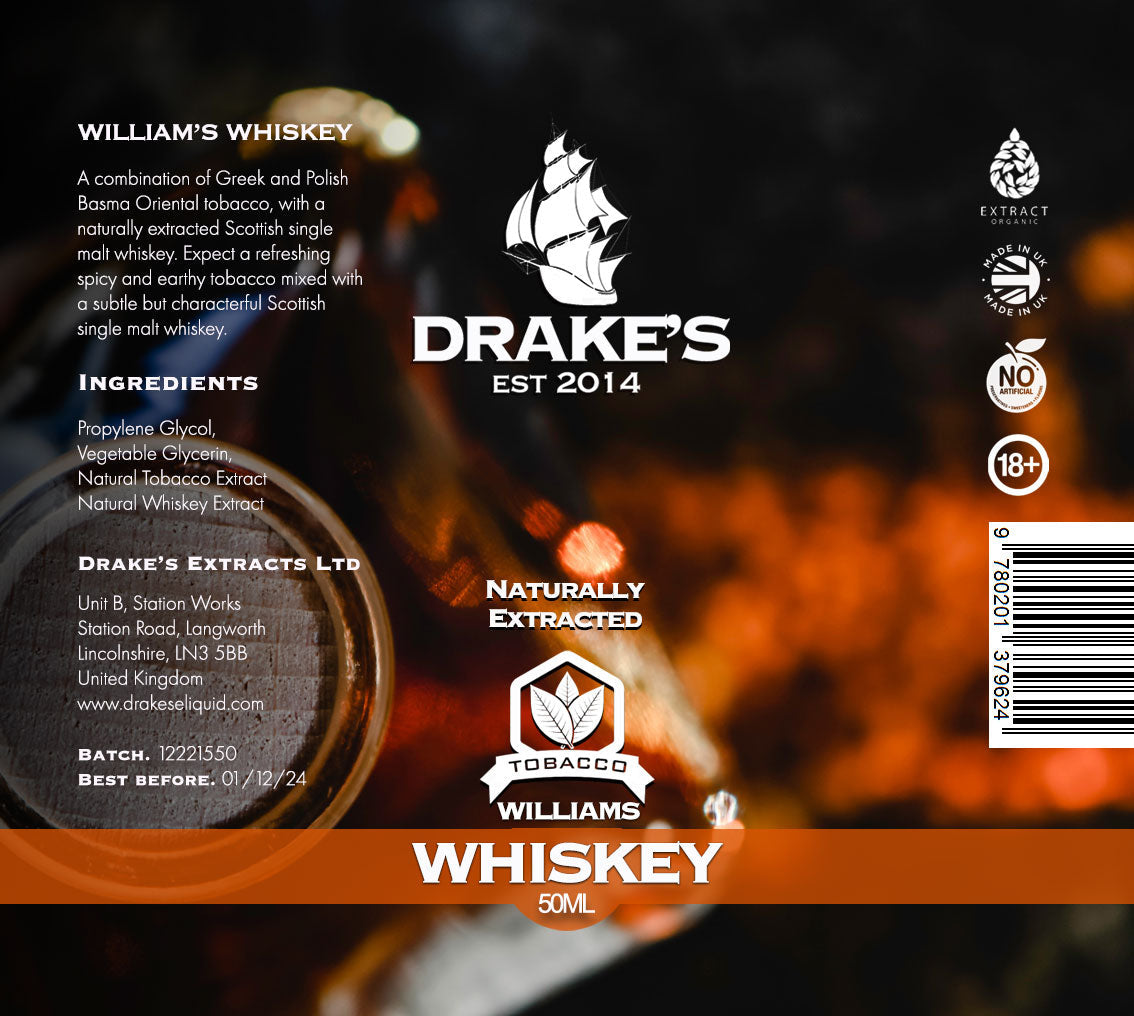 William's Whiskey Tobacco 50ml E-liquid by Drake's William's Whiskey Tobacco 50ml E-liquid by Drake's