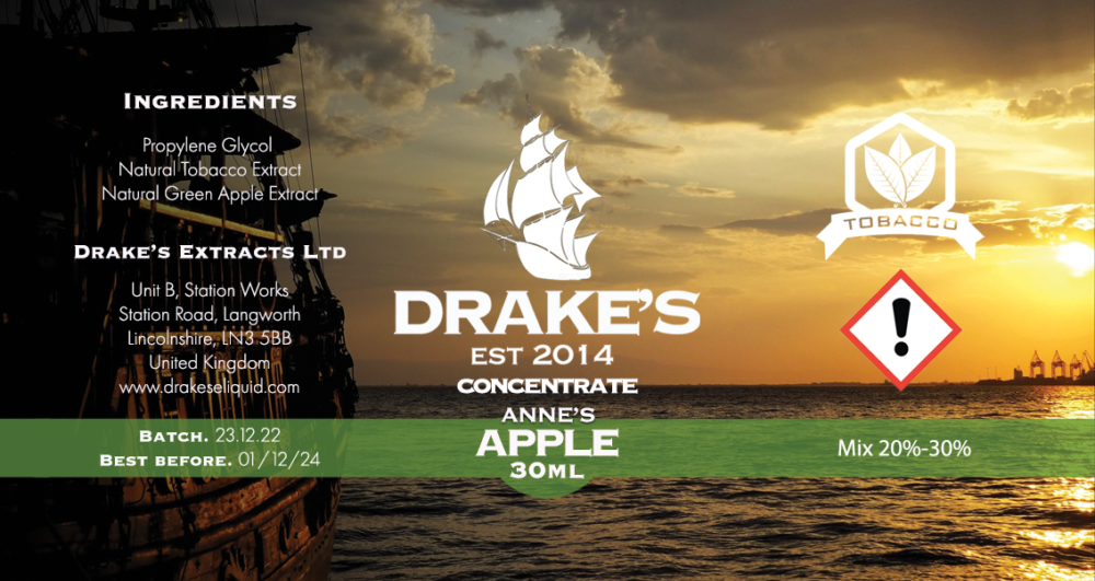 30ml-Apple Anne's Apple Tobacco E-liquid Flavour Concentrate Drake's E-Liquid