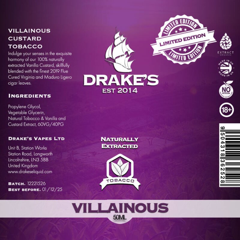 Villainous-Custard-Tobacco-50ml-shortfill Villainous Custard Tobacco 50ml Shortfill by Drake's